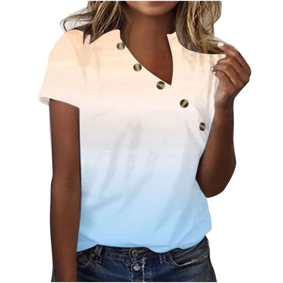bnaln Womens T Shirts Short Sleeve V Neck Button Tops Gradient Print Basic Tshirts Summer Casual Tunic Top Ladies Plus Size T-Shirts Baggy Pullover Tee Holiday Work Blouses