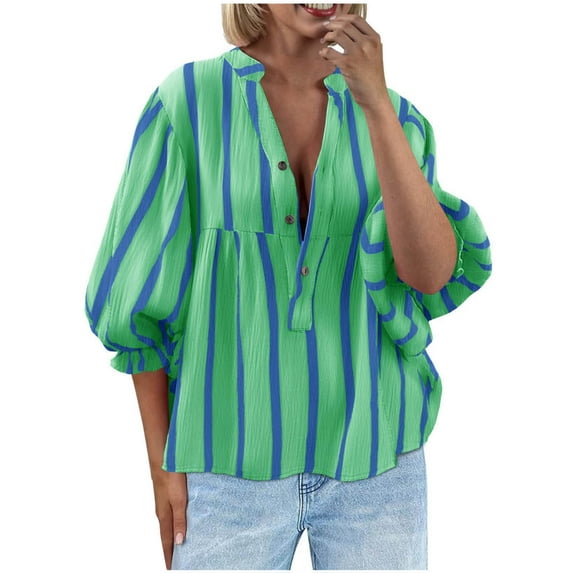 bnaln Womens Tops 3/4 Sleeve Babydoll Shirts V Neck Lantern Sleeve Stripe T-Shirts Cute Loose Fit Flowy Blouses Baggy Tees Dressy Casual Peasant Boho Blouses Elegant Office Work Tops