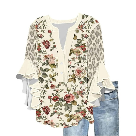 bnaln Womens Tops 3/4 Sleeve Elegant Flowy Shirts Boho Floral Printed Tshirts V Neck Babydoll Tops Loose Fit Pullover Casual Blouse Beach Vacation Fall Fashion Clothes Trendy Outfit