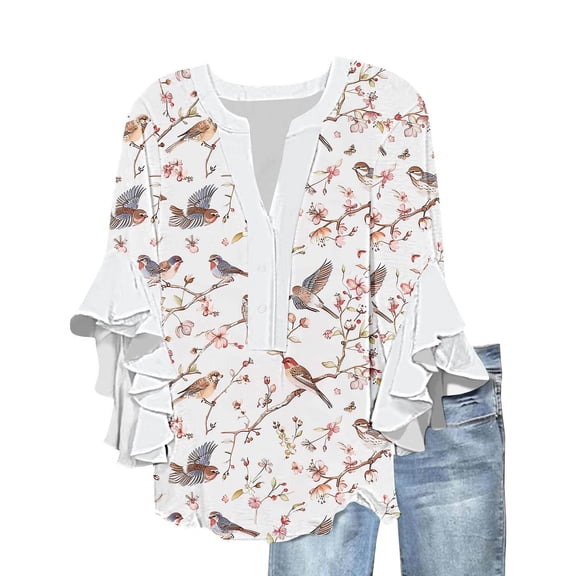 bnaln Womens Tops 3/4 Sleeve Elegant Flowy Shirts Boho Floral Printed Tshirts V Neck Babydoll Tops Loose Fit Pullover Casual Blouse Beach Vacation Fall Fashion Clothes Trendy Outfit