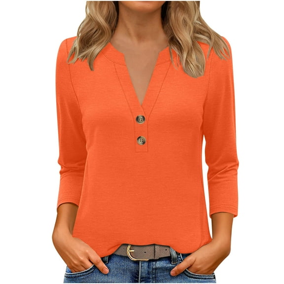bnaln Womens Tops 3/4 Sleeve Shirts Casual V Neck Button Pullover Lightweight Tunic Blouse Solid Color Loose Comfy Tshirt Summer Tops Cute T-Shirts Blouse Trendy Jumpers Basic Tees