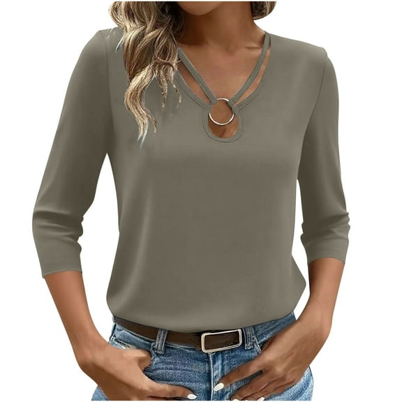 bnaln Womens Tops 3/4 Sleeve Shirts V Neck Loose Casual Blouses Solid Color Tshirt Casual Summer Tops Trendy Blouses Cute T-Shirts Lightweight Pullover Tunic Blouse Basic Tees