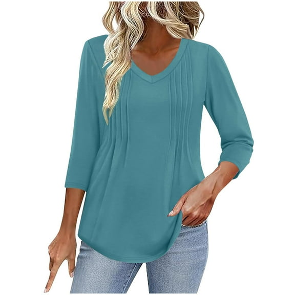 bnaln Womens Tops 3/4 Sleeve V Neck Casual Flowy Tunic Tops Pleated T-Shirts Loose Fit Pullover Dressy Casual Blouses Plain Tees Going Out Top Curved Hem Spring Summer Outfits