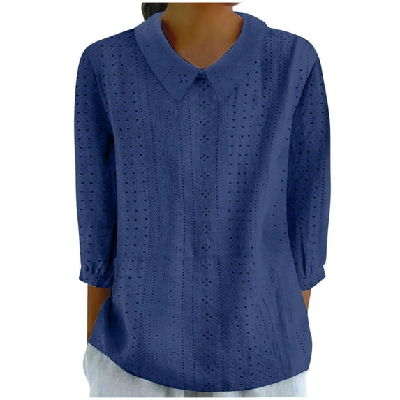bnaln Womens Tops Dressy Business Casual Blouses Lapel 3/4 Sleeve Shirts Solid Color Eyelet Tops Loose Fit Tees Blouse Trendy Pullover Cute Soft Work Shirts Spring Clothes