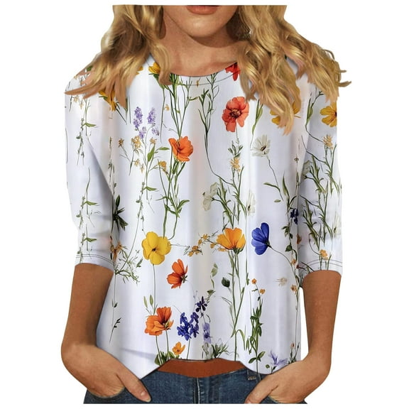 bnaln Womens Tops Dressy Casual 3/4 Sleeve Shirts Ladies Blouses Summer Boho Floral Printed Tees Blouse Crewneck Loose Fit T Shirts Elegant Tunic Tops Comfy Pullover Trendy Tshirts