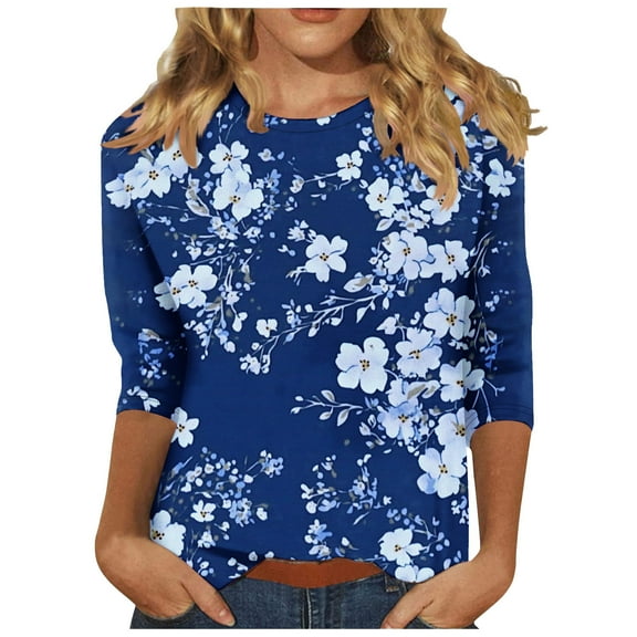 bnaln Womens Tops Dressy Casual 3/4 Sleeve Shirts Ladies Blouses Summer Boho Floral Printed Tees Blouse Crewneck Loose Fit T Shirts Elegant Tunic Tops Comfy Pullover Trendy Tshirts