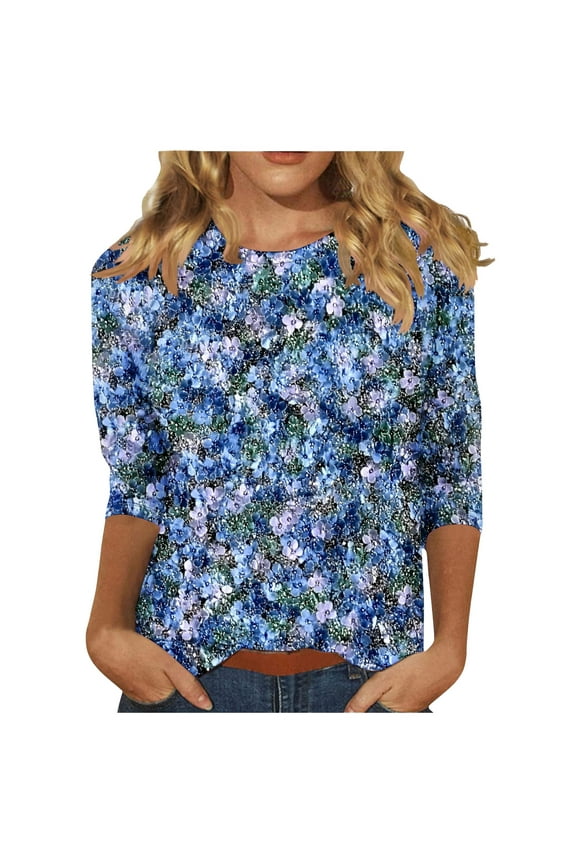 Womens Tops Dressy Casual 3/4 Sleeve Shirts Ladies Blouses Summer Boho Floral Printed Tees Blouse Crewneck Loose Fit T Shirts Elegant Tunic Tops Comfy Pullover Trendy Tshirts