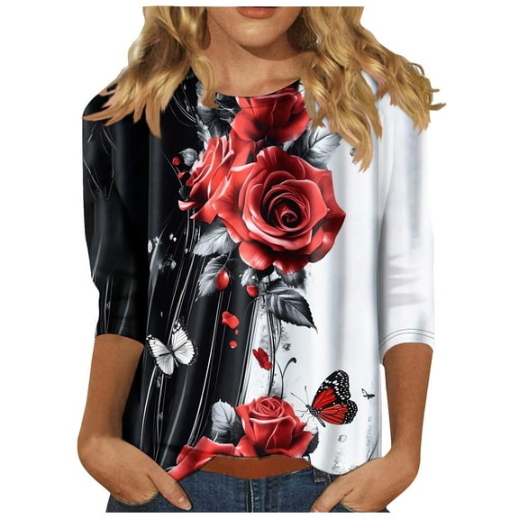 bnaln Womens Tops Dressy Casual 3/4 Sleeve Shirts Ladies Blouses Summer Boho Floral Printed Tees Blouse Crewneck Loose Fit T Shirts Elegant Tunic Tops Comfy Pullover Trendy Tshirts