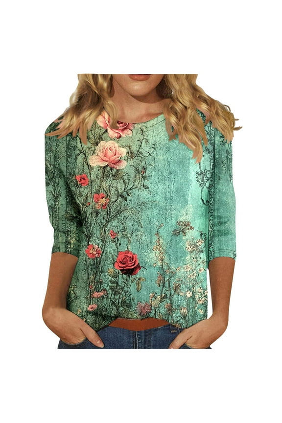 Womens Tops Dressy Casual 3/4 Sleeve Shirts Ladies Blouses Summer Boho Floral Printed Tees Blouse Crewneck Loose Fit T Shirts Elegant Tunic Tops Comfy Pullover Trendy Tshirts