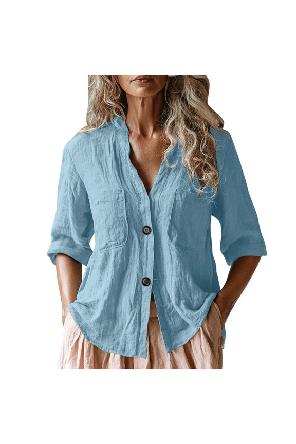 Womens Tops Dressy Casual Summer Blouses V Neck 3/4 Sleeve Button Down Shirts Casual Cotton Linen Tshirts Lightweight Plain Blouses Loose Fit Tunic Tops Trendy Outfits