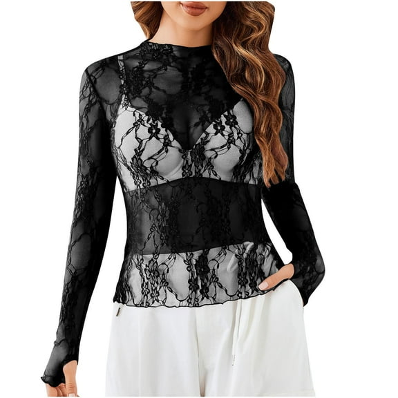 bnaln Womens Tops Mesh Long Sleeve Tops Crew Neck Floral Lace Shirts Blouses Sexy See Through Tees Shirts Party Club Night Lace Blouse Summer T Shirts Tunic Tops Y2K Going Out Tops