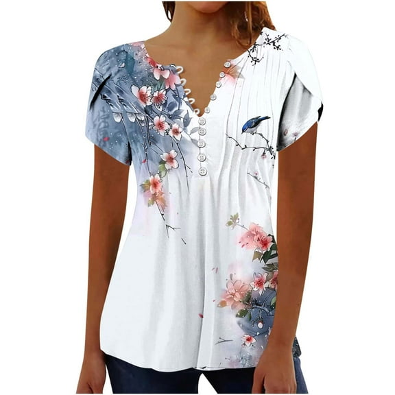 bnaln Womens Tops Petal Short Sleeve Summer Casual Dressy Shirts Solid Color/Floral Print Tees Blouses V Neck Button Down Shirts Boho Tops Pleated Tshirt Going Out Tunics S-XXL