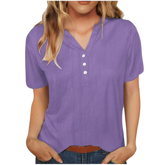 bnaln Womens Tops Short Sleeve T-Shirts Blouse Dressy Causal Cotton Linen Shirts V Neck Loose Fit Button Down Shirt Summer Tops Fashion Outfits Trendy Comfy Clothes Going Out Tops