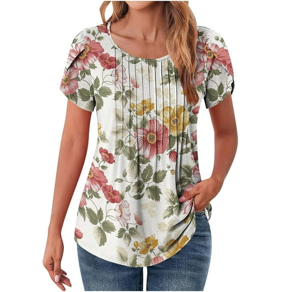bnaln Womens Tops Summer T Shirts Crewneck Petal Short Sleeve Shirt Dressy Casual Loose Fit Cute Tees Solid Color/Boho Floral Print Tunic Tops Pleated Tshirts Trendy Fashion Outfits