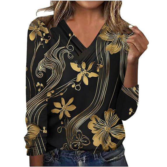 bnaln Womens Tops V Neck Long Sleeve Jumpers Trendy Boho Floral Print Tees Blouse Dressy Casual Blouses Loose Fit Pullover Shirts Tunic Sweatshirts Beach Vacation Fall Clothes