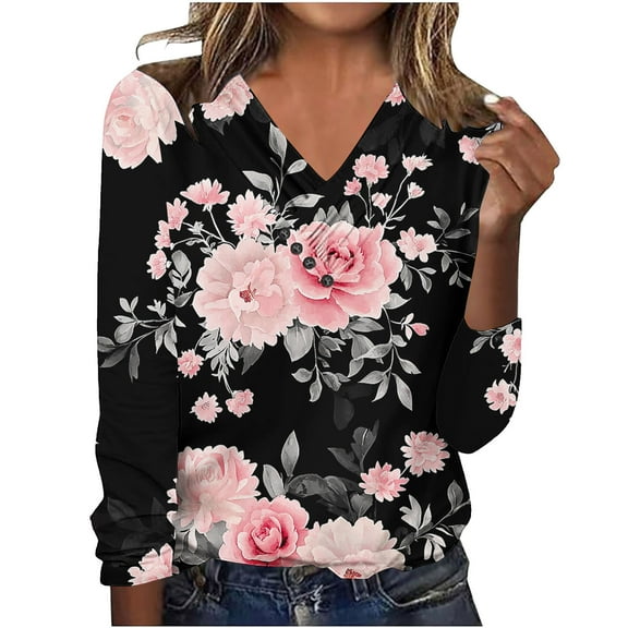 bnaln Womens Tops V Neck Long Sleeve Jumpers Trendy Boho Floral Print Tees Blouse Dressy Casual Blouses Loose Fit Pullover Shirts Tunic Sweatshirts Beach Vacation Fall Clothes