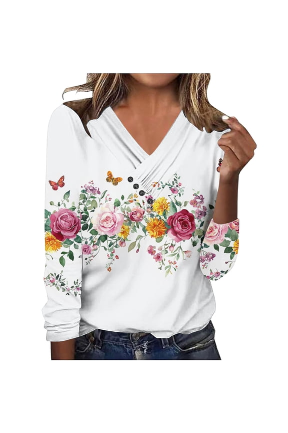 Womens Tops V Neck Long Sleeve Jumpers Trendy Boho Floral Print Tees Blouse Dressy Casual Blouses Loose Fit Pullover Shirts Tunic Sweatshirts Beach Vacation Fall Clothes