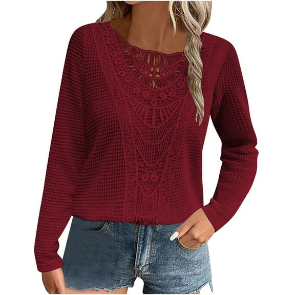 bnaln Womens Tops Waffle Long Sleeve Shirts Knit Sweaters Pullover Tops Lace Crochet Crewneck Loose Fit Jumpers Fashion Dressy Casual Lightweight Sweaters Trendy Sweatshirts Tunics