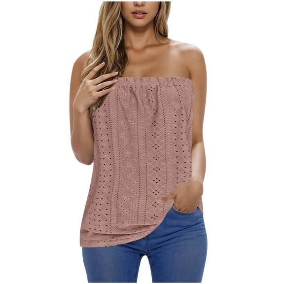 bnaln Womens Tube Tops Strapless Bandeau Tank Tops Casual Sleeveless Camisole Tube Shirts Blouse Eyelet Tunic Blouses Summer Tank Tops Bandeau Going Out Strapless Crop Vest Shirt
