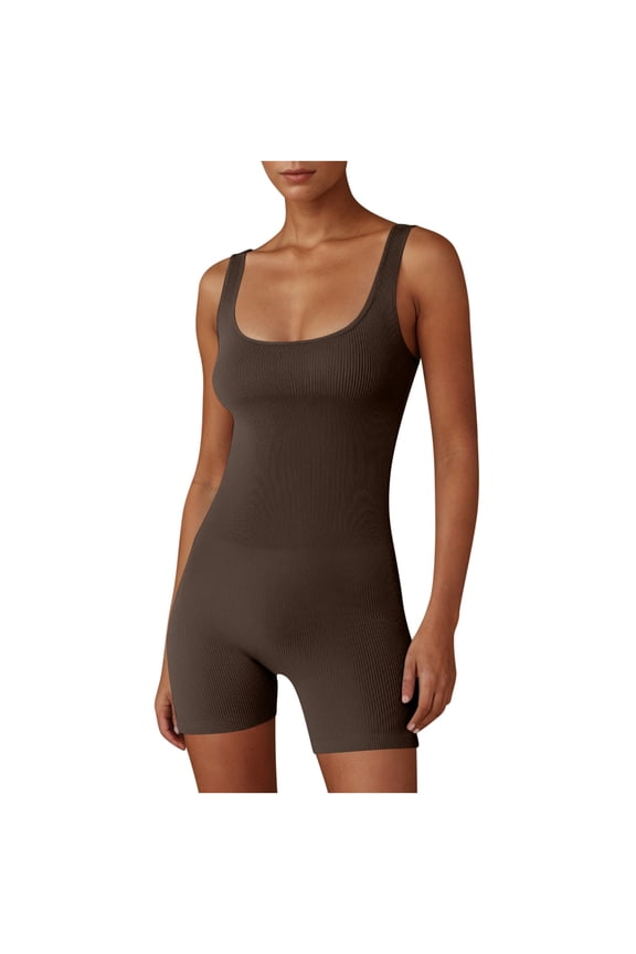 Womens Workout Romper Yoga Ribbed Square Neck One Piece Seamless Tank Top Jumpsuit Sleeveless Bodycon Shorts Jumpsuit Exercise Rompers Athletic Workout Outfits