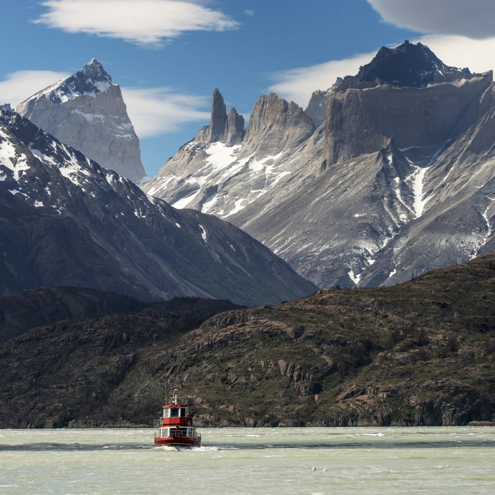 A boat on Grey Lake Torres del Paine National Park Torres del Paine Magallanes and Antartica Chilena Region Chile Canvas Art - Keith Levit Design Pics (24 x 24)