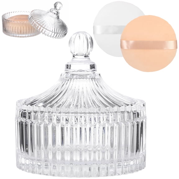 3 PCS Large Body Powder Puff with Glass Container Set, Soft Washable Puff Set for Face & Body, Reusable Puff with Ribbon Band for Makeup Glitter Application, After-Bath Care