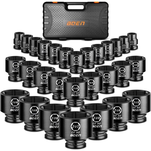 boen 3/4" Drive SAE Impact Socket Set, 3/4 inch - 2-1/2 inch Large Sockets, 6-Point Sockets, Rugged Construction, CR-MO, Standard Socket Set, 29PCS with Storage Case