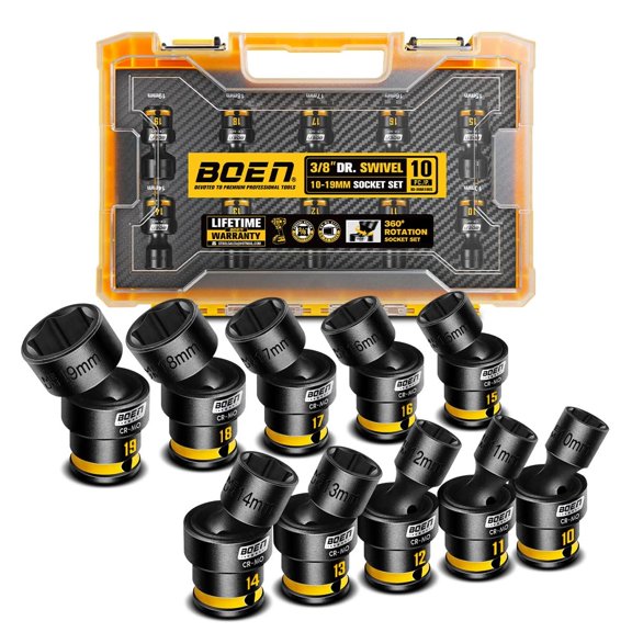 boen 3/8" Drive Swivel Socket Set, 10PCS Shallow Impact Universal Joint Sockets, Metric Size (10-19mm), 6-Point Flexible Wobble Socket Set, Yellow Embossed Marking, CR-MO Steel
