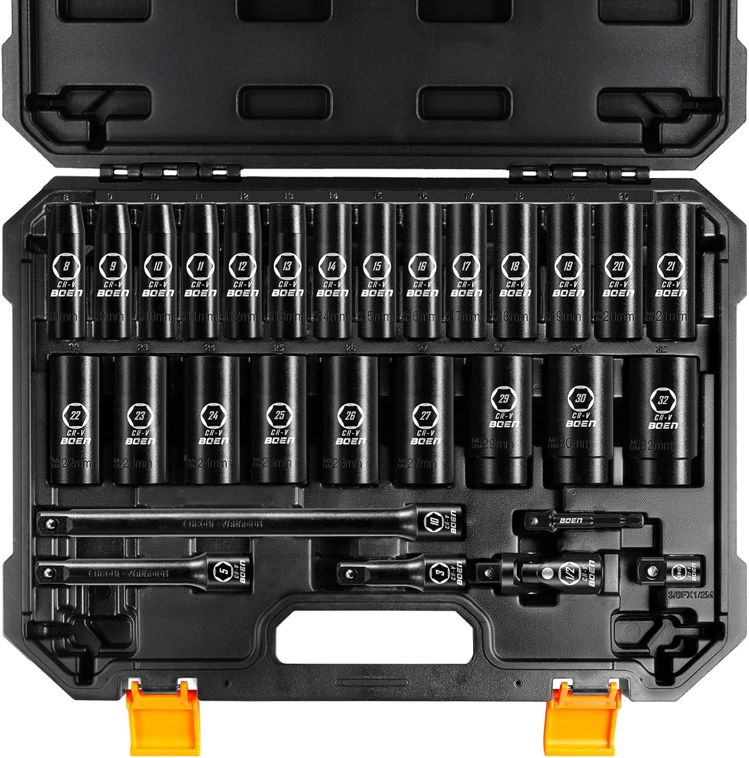 boen 8mm-32mm 1/2” Drive Metric Socket Set, Impact Deep Socket, 6 Point ...