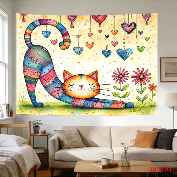 A bohemian-style colorful cat-themed decorative tapestry made of polyester fiber, easy to hang, suitable for wall decoration in living rooms, bedrooms, offices, and family parties.
