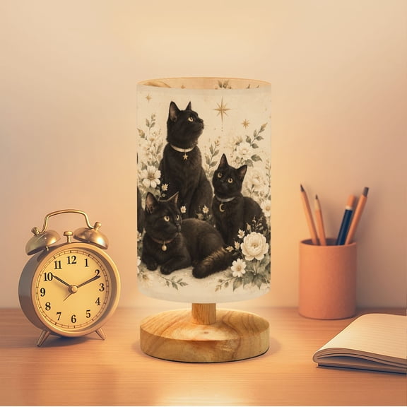 boho Black Cats Bedside Table Lamp for Bedroom 16 Color Dimmable Small Desk Lamp Enchanting Flowers Celestial Elements Nightstand Lamp with Remote Wooden Base Linen Shade for Gift