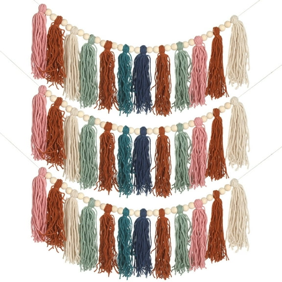 3 Pcs Boho Tassel Garlands, Bohemian Rainbow Wall Decor with Wood Beads, 33.1 in Colorful Tassel Garland for Party Decorations, Nursery, Home Decor