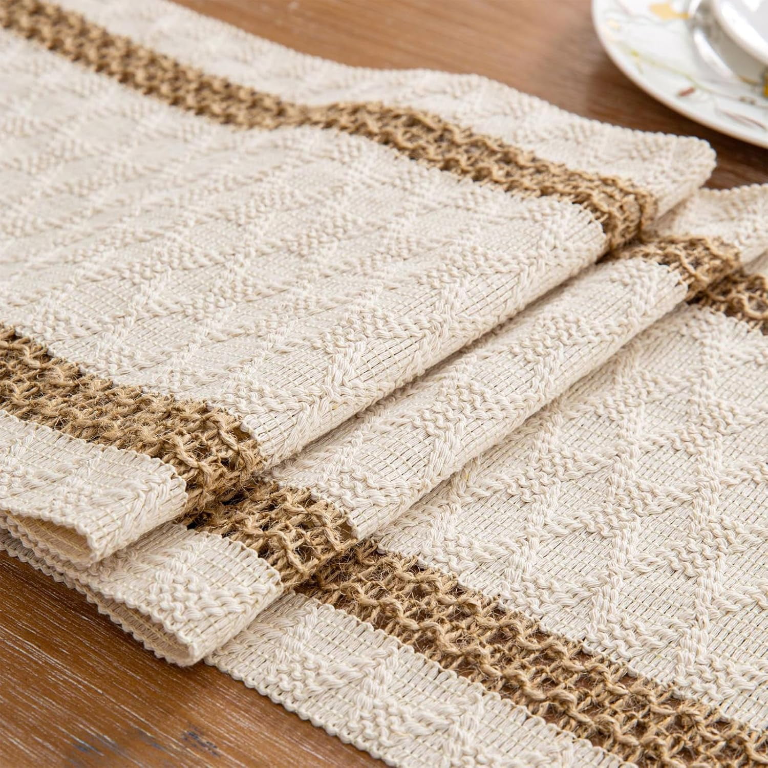 Caflife Boho Table Runner 90 Inches - Green & Beige Cotton Linen With Tassels
