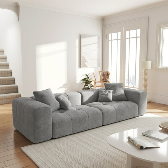 bokifol 104" Modular Sectional Sofa,Comfy Cloud Couch Sectional Sofa,Linen Sofa Sleeper Deep Seat Sofa with Throw Pillows for Living Room,Light Grey