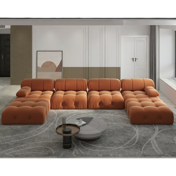 bokifol 139"Modular Sectional Sofa with Movable Ottomans for Living Room,6-Seat U Shaped Couch Sofa Set with Suede Fabric for Bedroom and Apartment,Orange