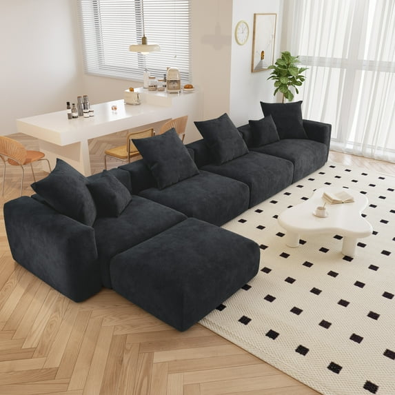 bokifol 181"L Shaped Modern Sofa Modular Sectional Cloud Couch with Ottoman for Living Room,4-Seat Corduroy Deep Seat Sofa with Pillow for Bedroom and Apartment,Black