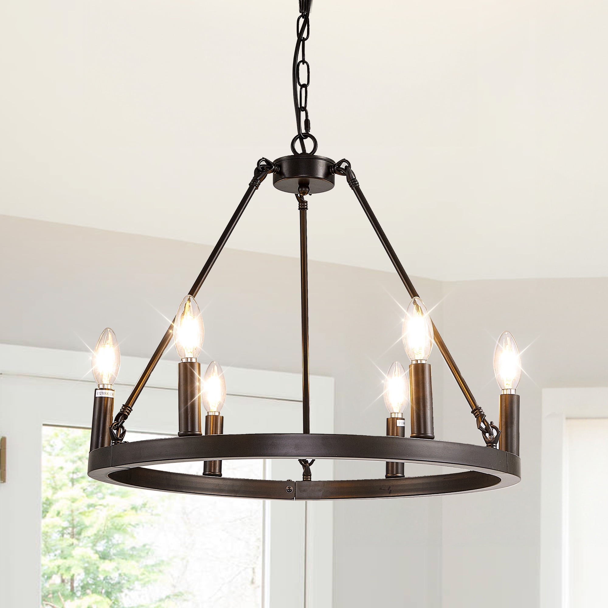 bokifol 20.65" Black Chandelier for Dining Room,6-Light Wagon Wheel Chandelier with Adjustable Height,Dining Room Light Fixture for Kitchen Island,Living Room,Bedroom,Entryway,E12 Base