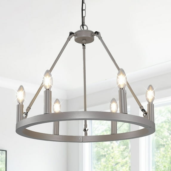 bokifol 20.65" Farmhouse Chandelier,6-Light Silver Wagon Wheel Chandelier,Dining Room Light Fixtures Over Table,Modern Foyer Lighting Fixtures,for Living Room,Bedroom,Entryway