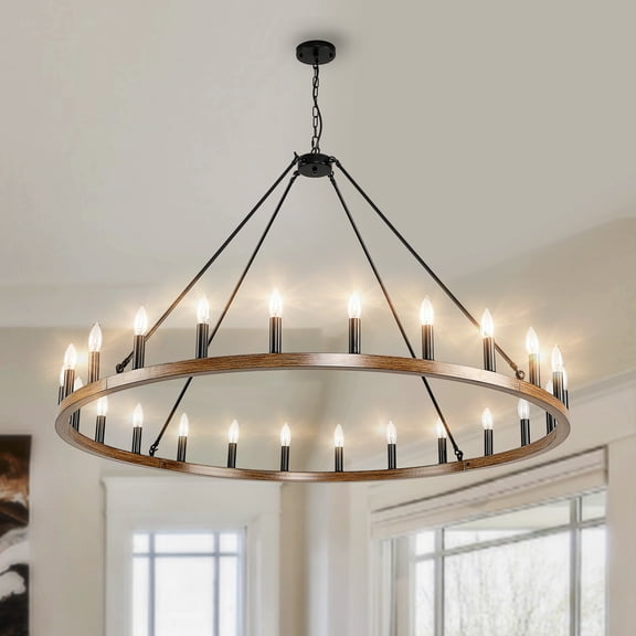 Sdorens 24-Light Wagon Wheel Chandelier 53" Rustic Farmhouse Wood Dining Room Light,Rustic Black Wagon Wheel Chandelier with Metal Wood Grain Finish,Round High Ceiling Chandeliers for Living Room