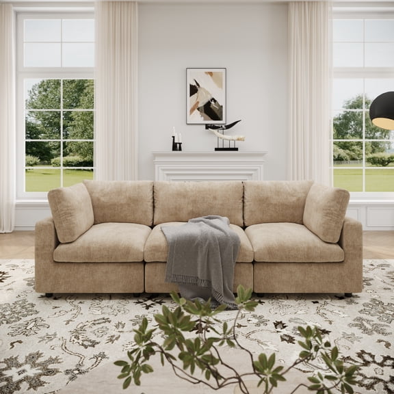 bokifol 3-Seater Cloud Sofa,100.5"Modular Sectional Couch,Modern Deep Seat Sofa for Living Room,Comfy Double Layer Upholstered Seat Cushion,Breathable Chenille Fabric,Khaki