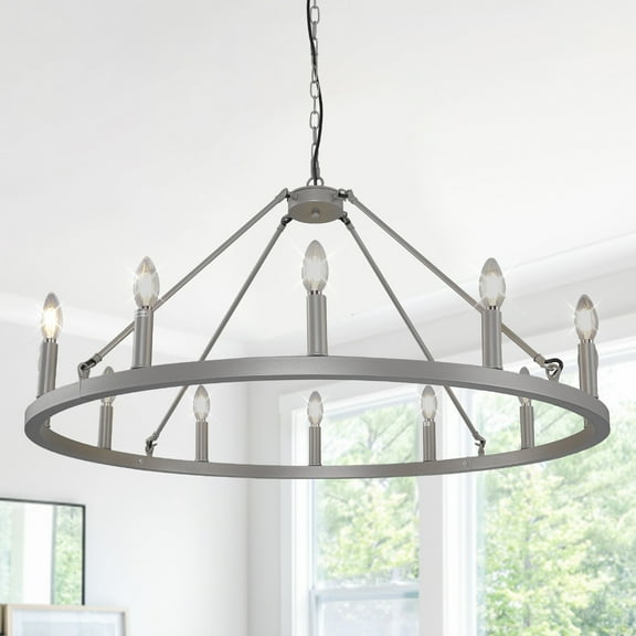 bokifol 37.4"Chandelier Farmhouse,6-Light Silver Wagon Wheel Chandelier,Round Kitchen Island Lighting,Modern Lighting Fixtures,for Living Room,Bedroom,Entryway