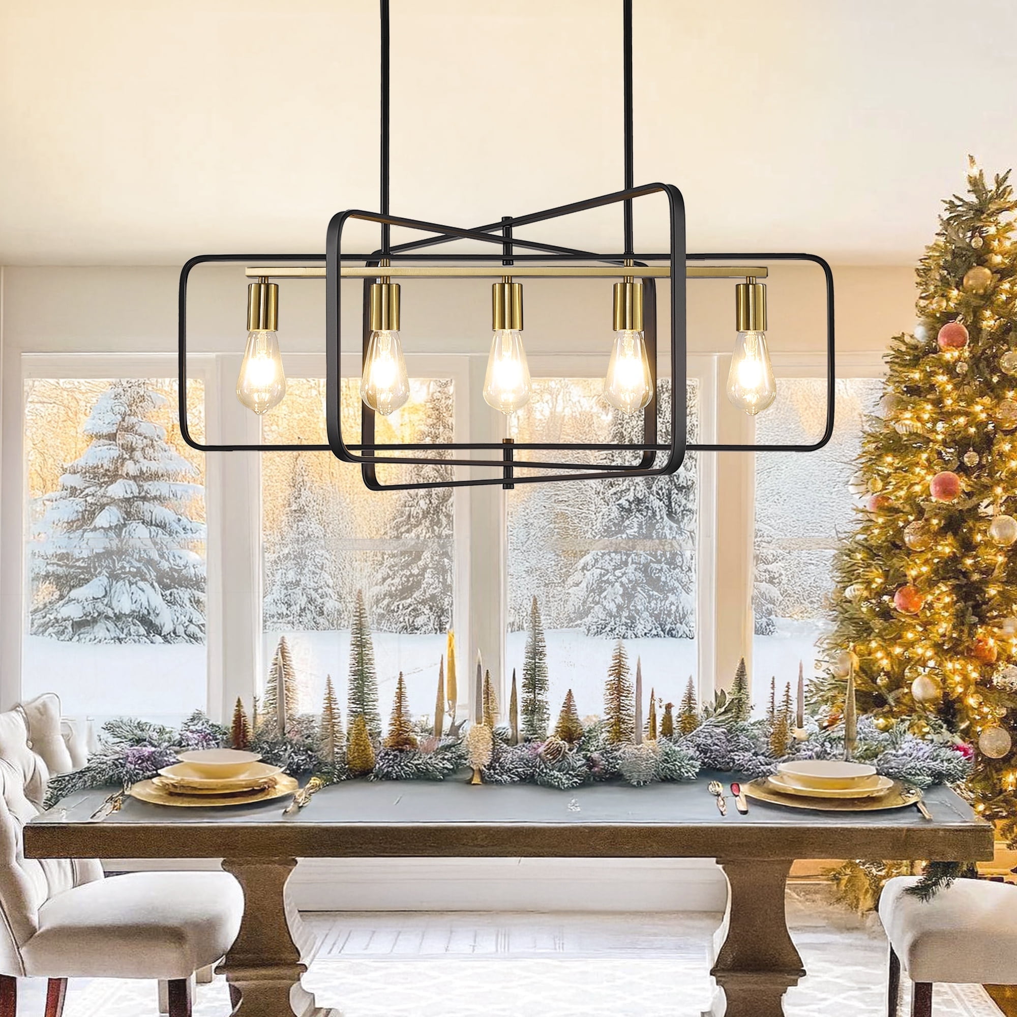 bokifol 5-Light Black Gold Farmhouse Chandelier Rectangle Ceiling Fixture for Dining Room
