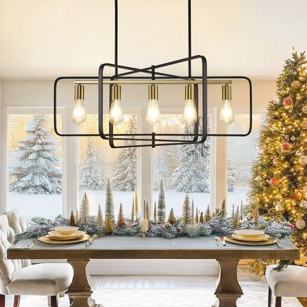 bokifol 5-Light Black Gold Farmhouse Chandelier Rectangle Ceiling Fixture for Dining Room
