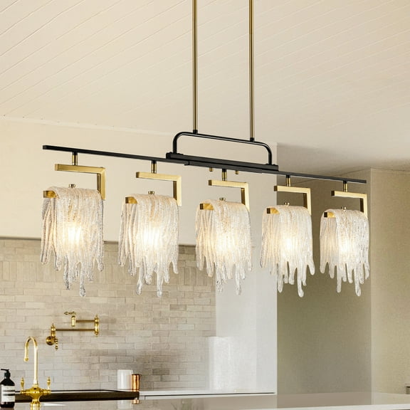 bokifol 5-Light Glacier Chandeliers Modern Farmhouse Chandeliers for Dining Room,Adjustable Height Hanging Pendant Lights,350°Rotation Ceiling Light Fixture(Black&Gold E12)