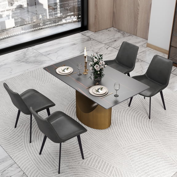 bokifol 55.12" Inch Dining Table for 4 6,Modern Farmhouse Rectangular Kitchen Table,Long Dining Room Tables with Rock and Base for Kitchen Living Room,Black