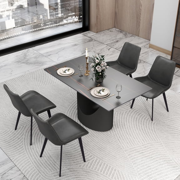 bokifol 55.12" Inch Dining Table for 4 6,Modern Farmhouse Rectangular Kitchen Table,Long Dining Room Tables with Rock and Base for Kitchen Living Room,Black