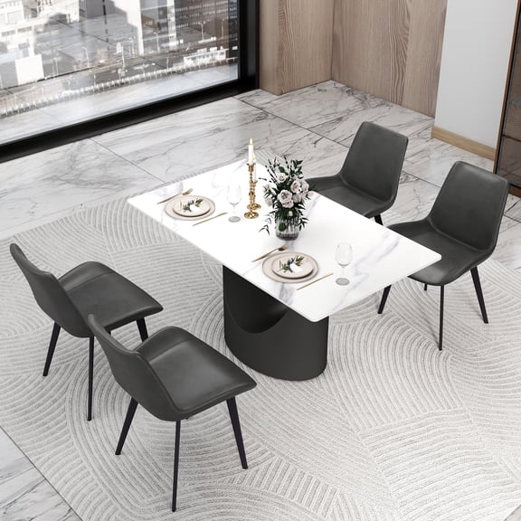 bokifol 55.12" Large Rectangular Dining Table for 4 6 People,Marble-Color Waterproof Tabletop,White Dinner Table for Home Kitchen Living Room