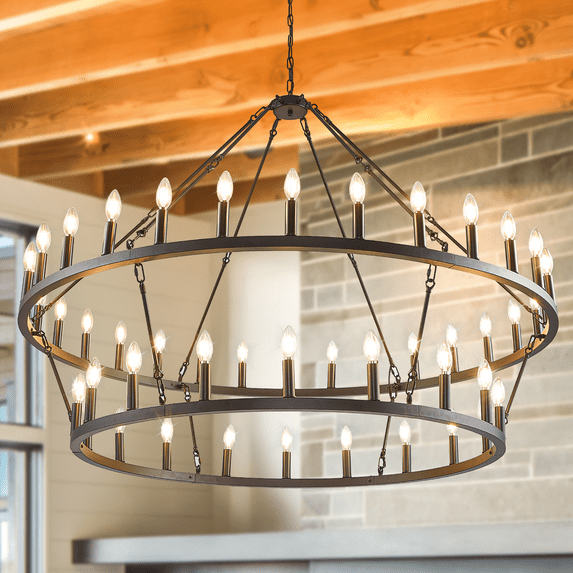 bokifol 58" Black Chandelier Wagon Wheel,2 Tier 48-Light,Farmhouse Industrial Chandelier Rustic Pendant Light Fixture Extra Large for High Ceilings,Living Room Foyer