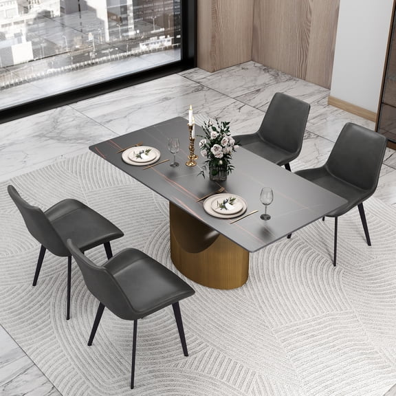 bokifol 62.99" Dinning Room Table, Rectangle Dining Table for 6, Kitchen Table for Dining Room, Farmhouse Dinner Table with Rock Tabletop and U Base,Black