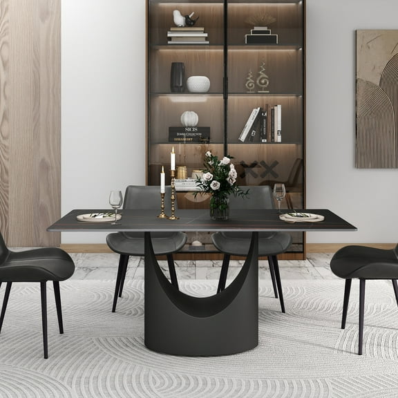 bokifol 62.99" Dinning Room Table, Rectangle Dining Table for 6, Kitchen Table for Dining Room, Farmhouse Dinner Table with Rock Tabletop and U Base,Black